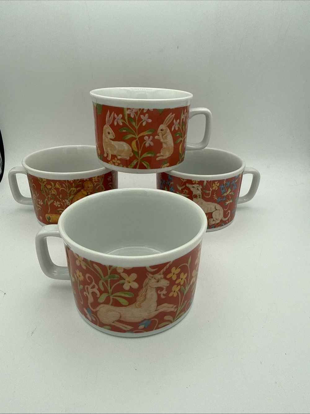 4 VTG Seymour Mann Flemish Tapestry Hunt for Unicorn Soup Coffee Mugs Monkey Dog